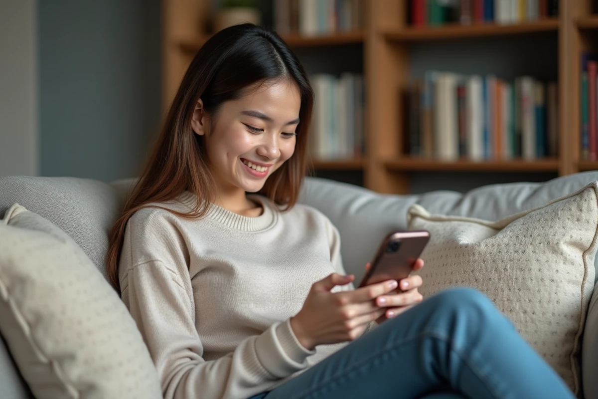 Jeune femme naviguant sur un téléphone dans le salon