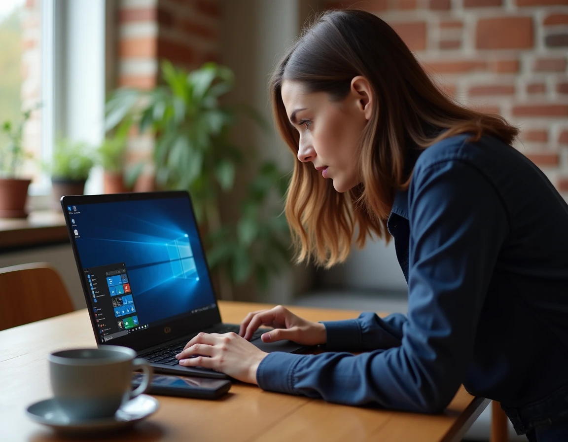 Femme analysant des benchmarks de jeu sur laptop pour comparer les performances de Windows 10 et Windows 11