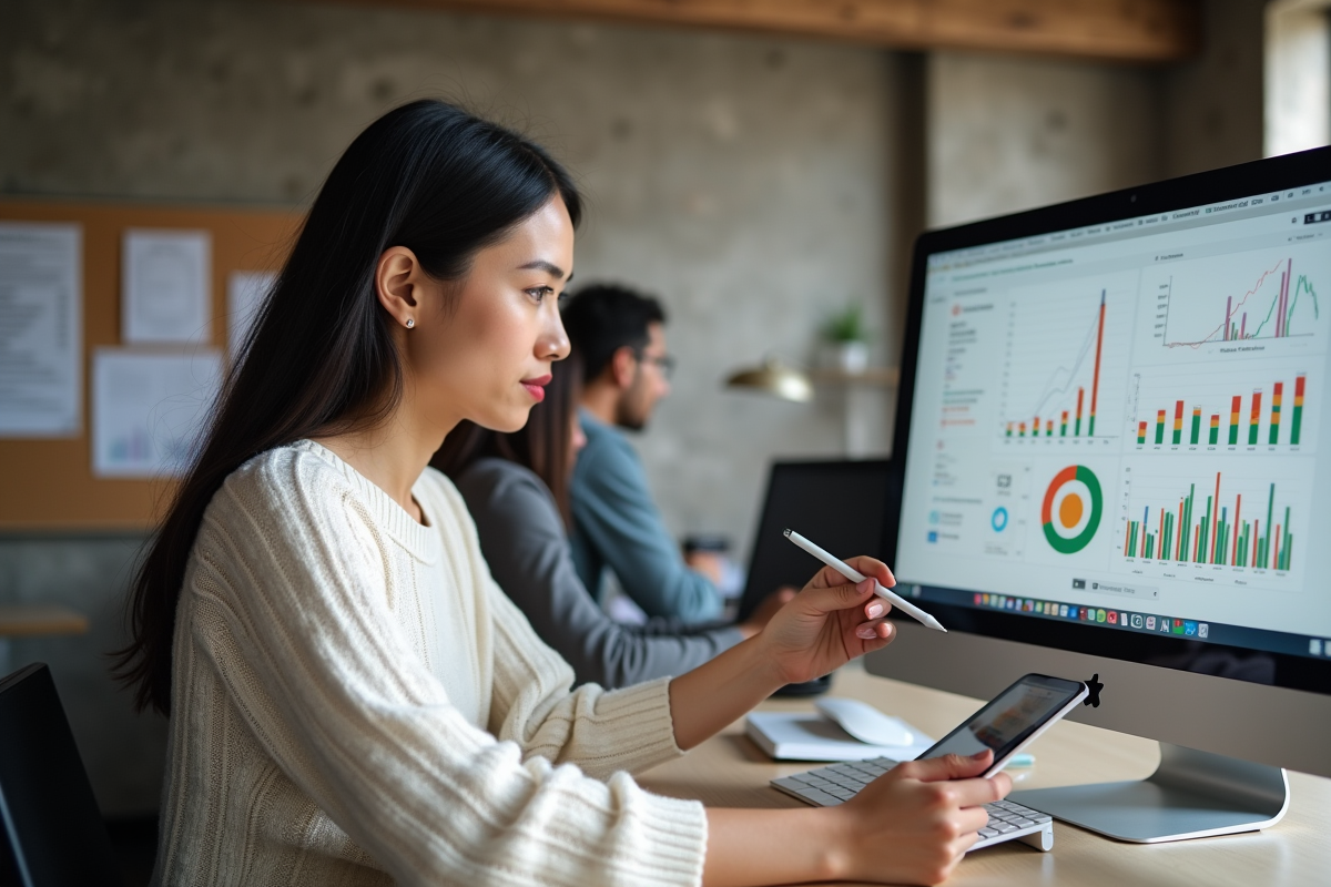Femme analysant des graphiques avec ses collègues en arrière-plan