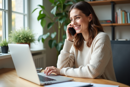 Femme travaillant à son bureau à domicile avec smartphone