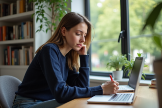Jeune femme concentrée travaillant sur son ordinateur à la maison