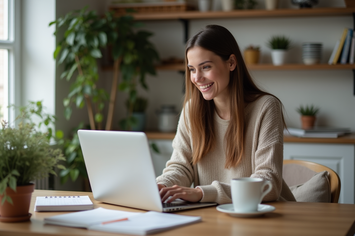 Femme travaillant sur SEO dans une cuisine chaleureuse