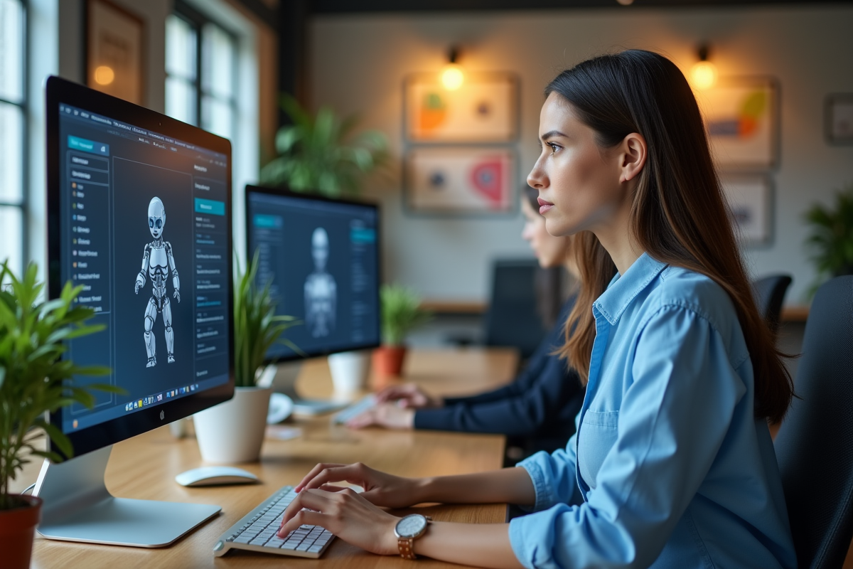 Jeune femme utilisant un chatbot AI sur son ordinateur au bureau