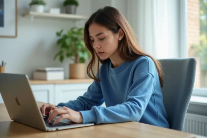Jeune femme concentrée travaillant sur son ordinateur dans un bureau lumineux