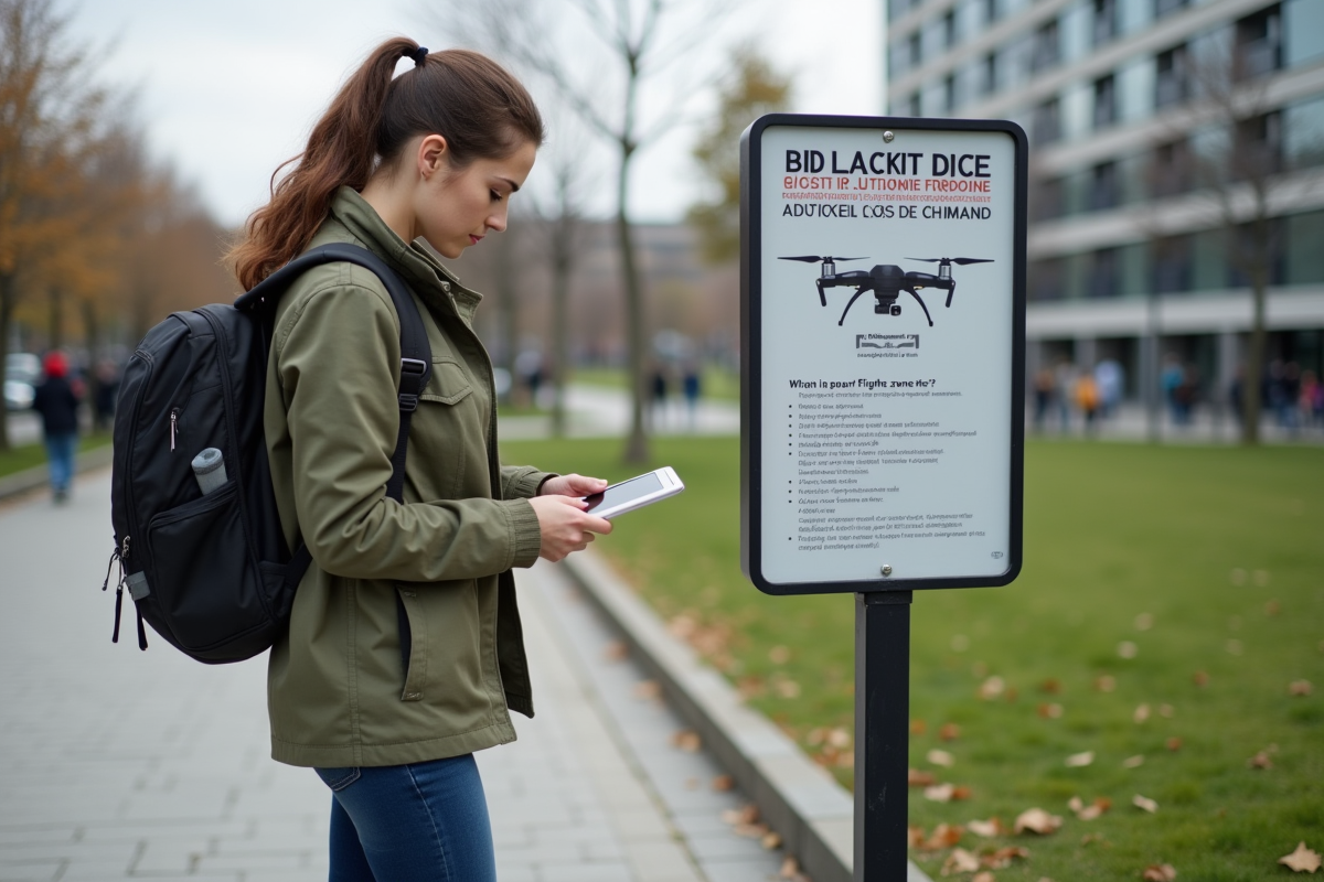 Femme vérifiant son drone dans un parc urbain français