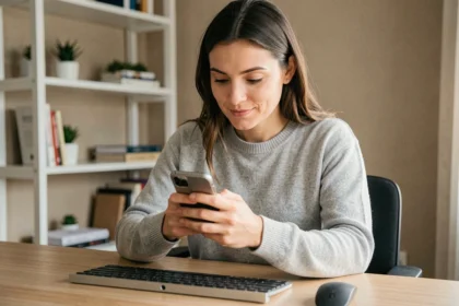 Femme utilisant WhatsApp Web sur smartphone pour optimiser ses messages depuis un bureau à domicile
