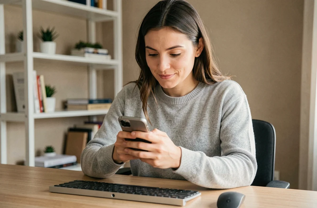 Femme utilisant WhatsApp Web sur smartphone pour optimiser ses messages depuis un bureau à domicile