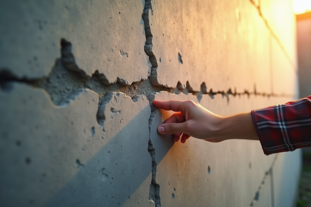 Main humaine examinant une fissure dans un mur en beton