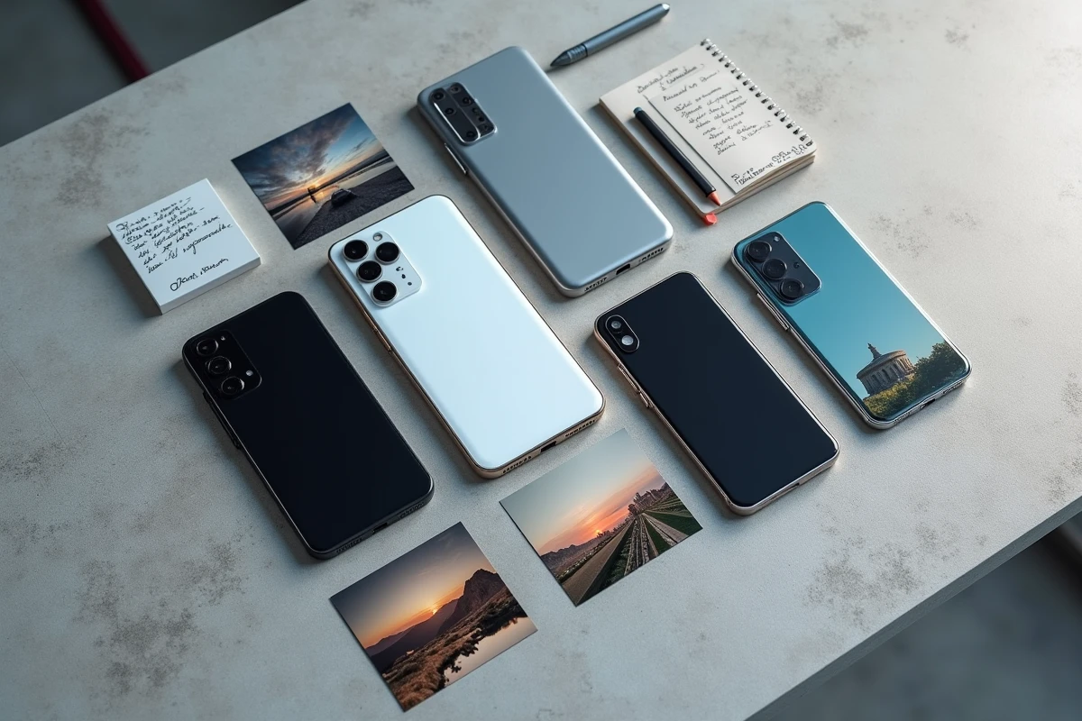 Flat lay de quatre smartphones en comparaison avec des tirages photo tests et des notes manuscrites sur béton