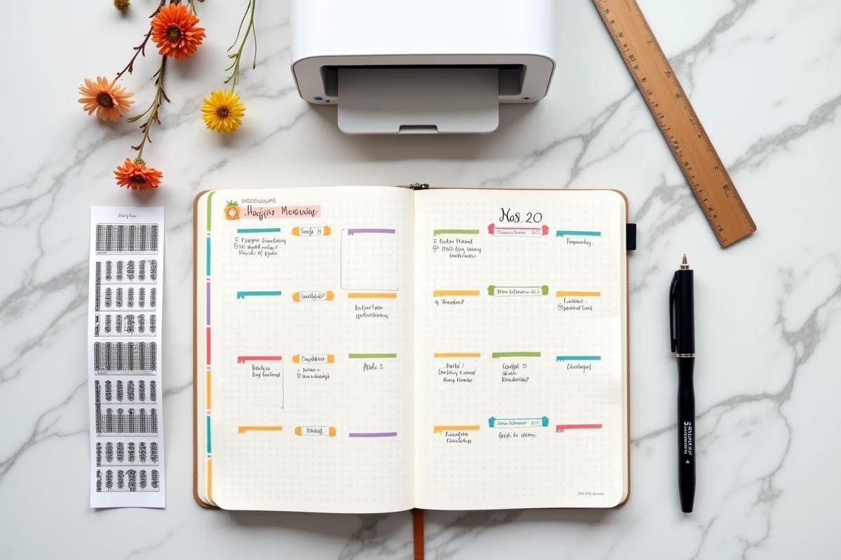 Vue de dessus d'un bullet journal ouvert avec une mini imprimante portable et des accessoires de papeterie sur marbre blanc