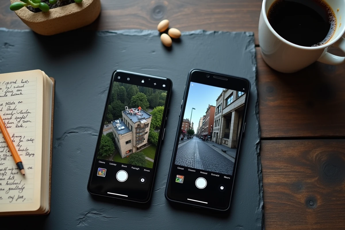 Vue de dessus de deux smartphones Google Pixel 8 Pro et Pixel 8a posés sur ardoise avec accessoires, comparatif photo et fonctionnalités