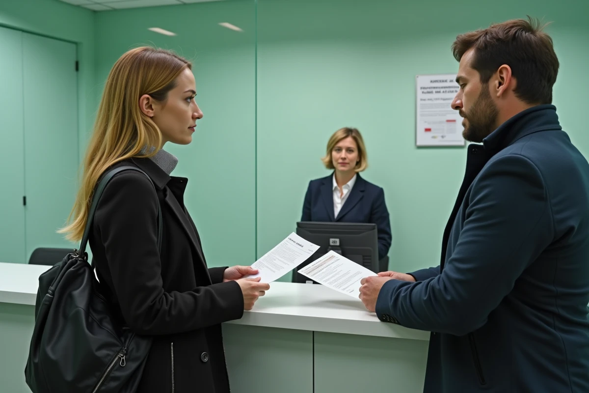 Couple de nouveaux arrivants accomplissant des formalités administratives au guichet d'une mairie de Limoges