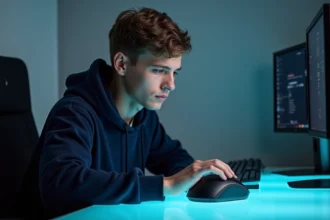 Gamer analysant une souris gaming sans fil ergonomique sur un bureau gaming minimaliste
