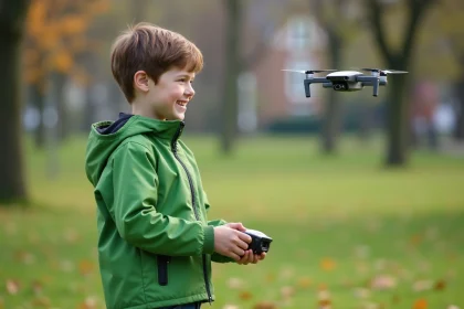 Jeune garçon avec drone dans un parc en plein air