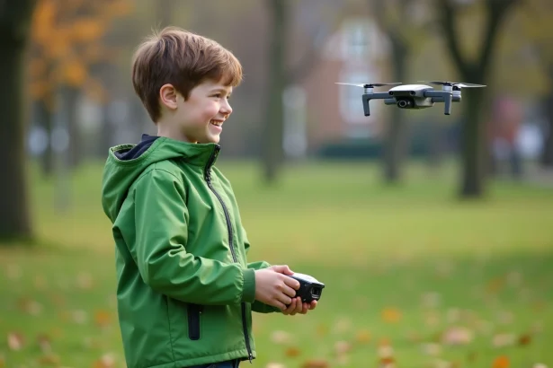 Jeune garçon avec drone dans un parc en plein air