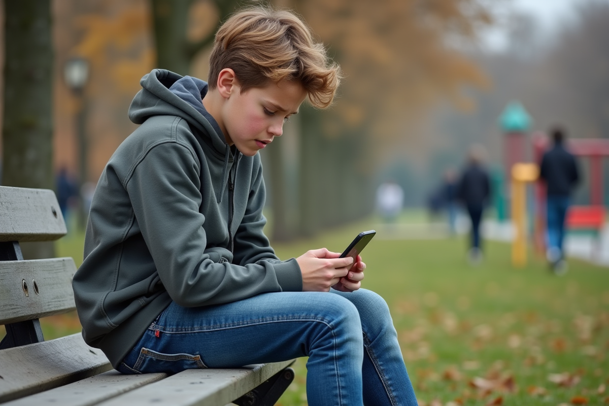 Adolescent assis seul sur un banc de parc regardant son smartphone