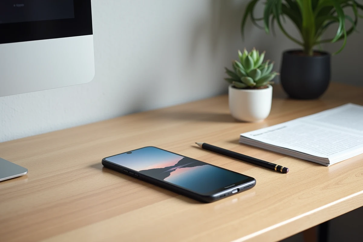 Google Pixel 6a posé sur un bureau minimaliste avec un magazine photo, présentation des capacités photographiques du téléphone