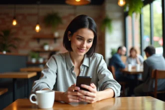Femme tenant un Google Pixel 6a dans un café urbain, consultant des photos sur l'écran du smartphone