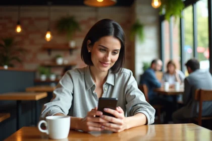 Femme tenant un Google Pixel 6a dans un café urbain, consultant des photos sur l'écran du smartphone