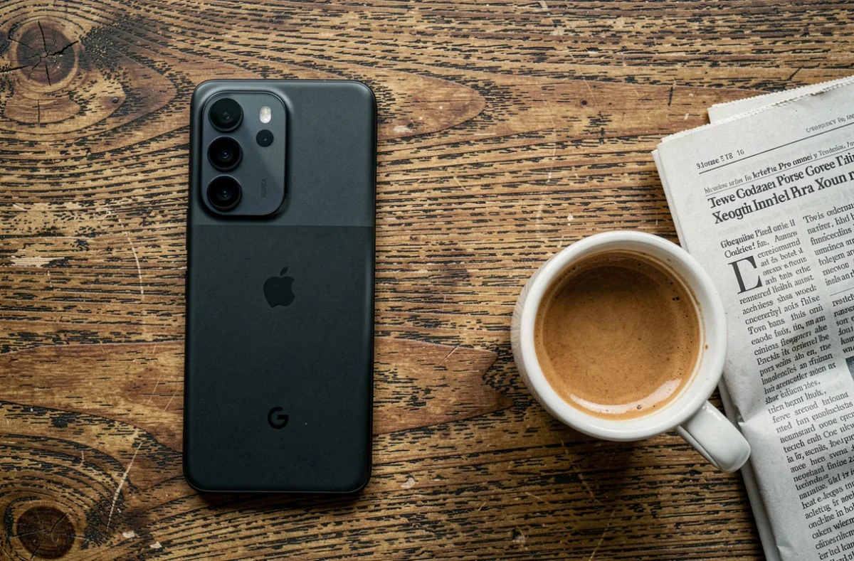 Google Pixel 8 Pro posé sur une table de café en bois brut avec une tasse d'espresso, vue de dessus en flat lay