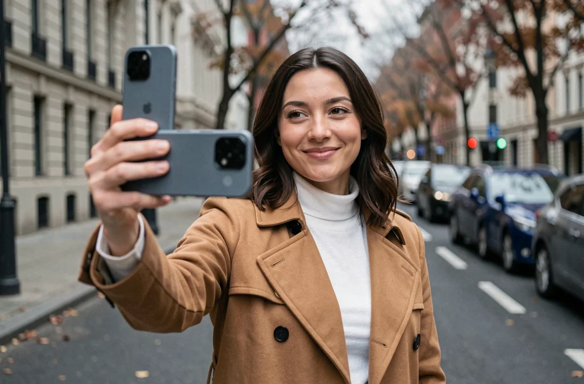 Femme utilisant le Google Pixel 8 Pro pour prendre un selfie dans une rue urbaine en automne, manteau camel