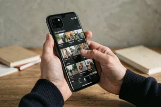 Homme tenant un Google Pixel 8 Pro avec une interface de galerie photos affichée, dans un bureau minimaliste moderne