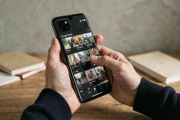 Homme tenant un Google Pixel 8 Pro avec une interface de galerie photos affichée, dans un bureau minimaliste moderne