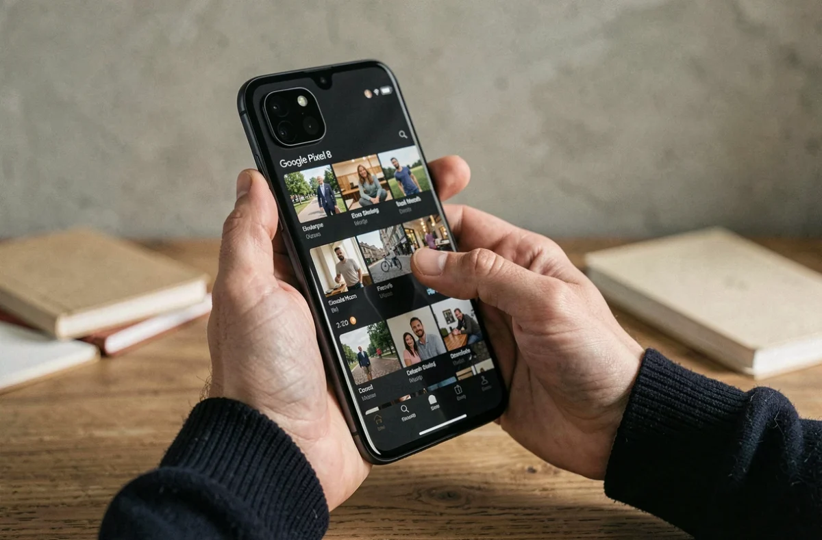 Homme tenant un Google Pixel 8 Pro avec une interface de galerie photos affichée, dans un bureau minimaliste moderne