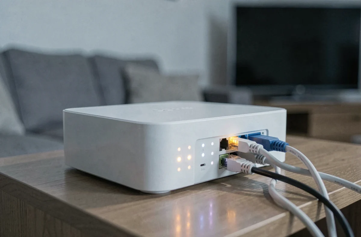 Gros plan sur une Freebox avec un voyant LED clignotant indiquant un problème de connexion au serveur