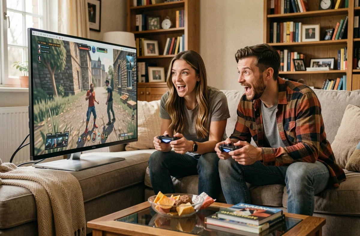 Groupe d'amis jouant ensemble à un jeu de roleplay moddé sur grand écran dans un salon