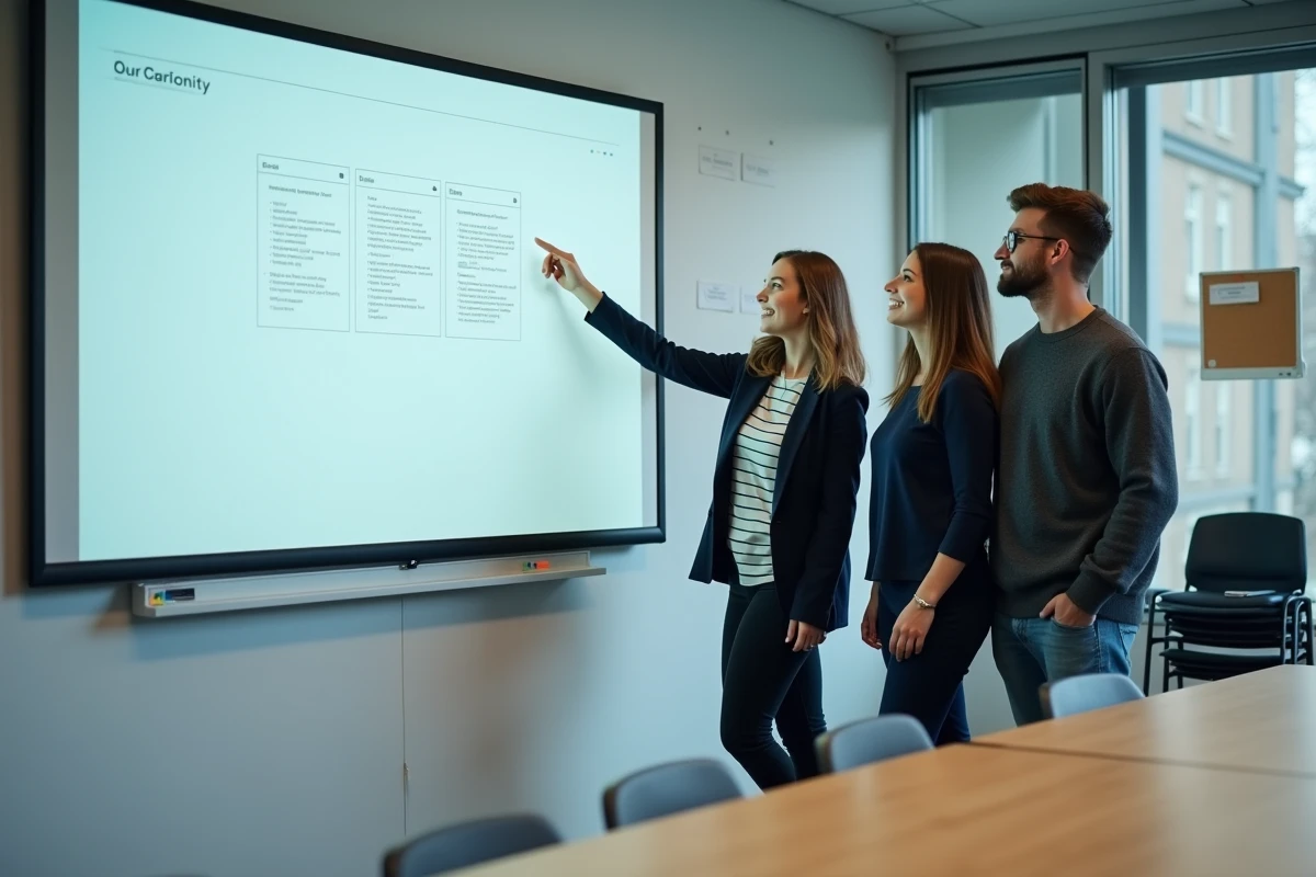 Groupe d'étudiants préparant un exposé collectif devant un tableau interactif dans une salle de séminaire universitaire