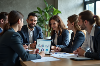Groupe de professionnels discutant stratégies marketing en réunion