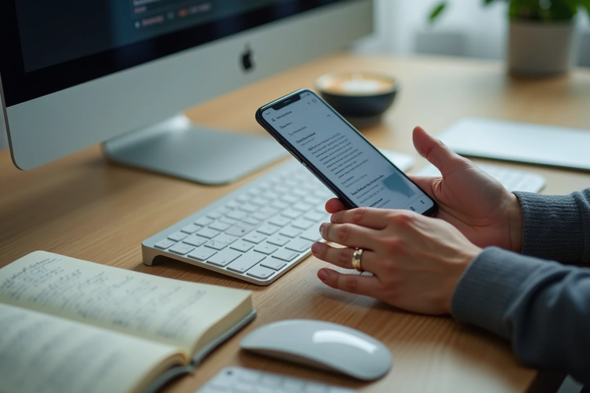 Gros plan sur des mains accédant à l'historique du presse-papier Android avec plusieurs extraits de texte copiés