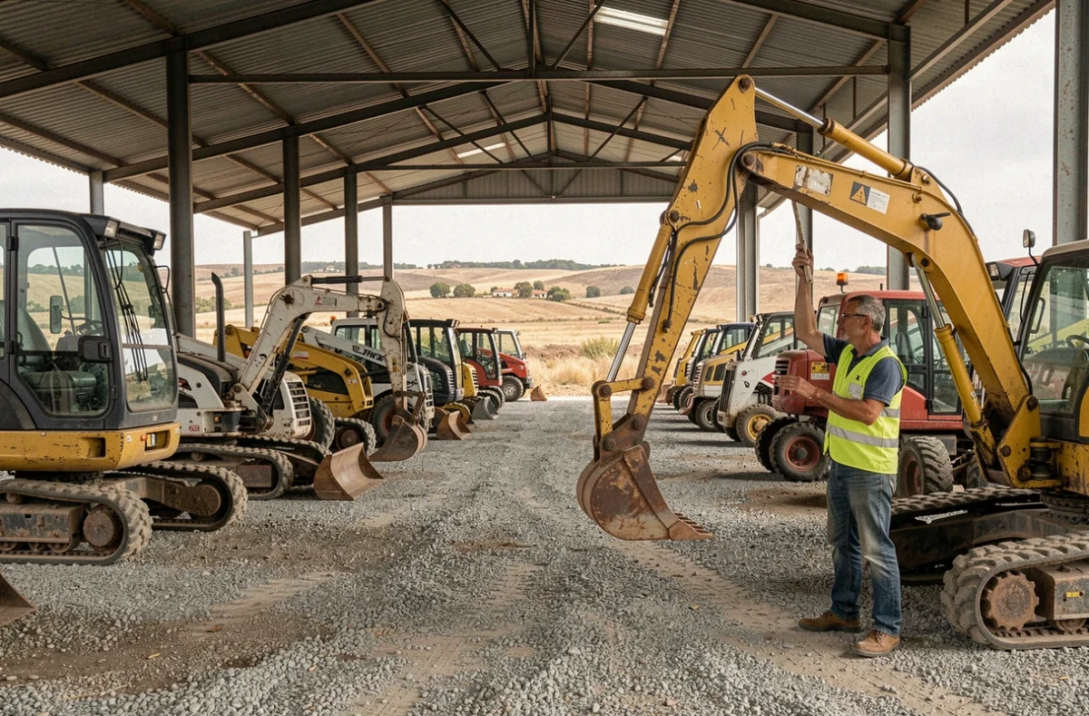 Dépôt de matériel BTP reconditionné de HMD Heavy Machinery Distribution à Arles avec engins de chantier