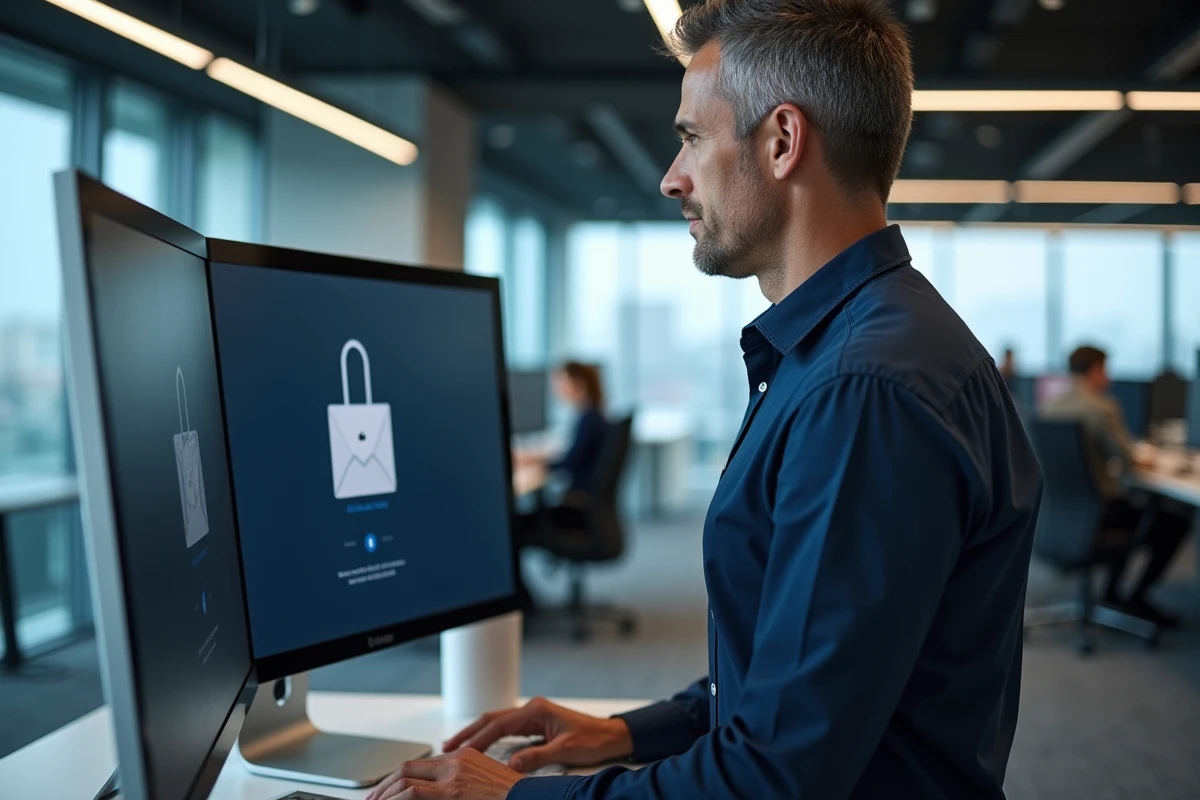 Homme accédant à son compte Webmail Normandie depuis un bureau en open space professionnel