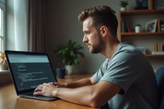 Homme tapant une adresse IP locale incorrecte dans la barre d'adresse d'un navigateur sur un ordinateur portable