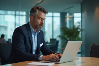 Homme d'affaires en costume travaillant sur un ordinateur dans un bureau moderne
