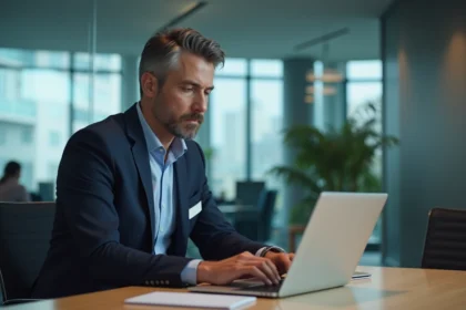 Homme d'affaires en costume travaillant sur un ordinateur dans un bureau moderne