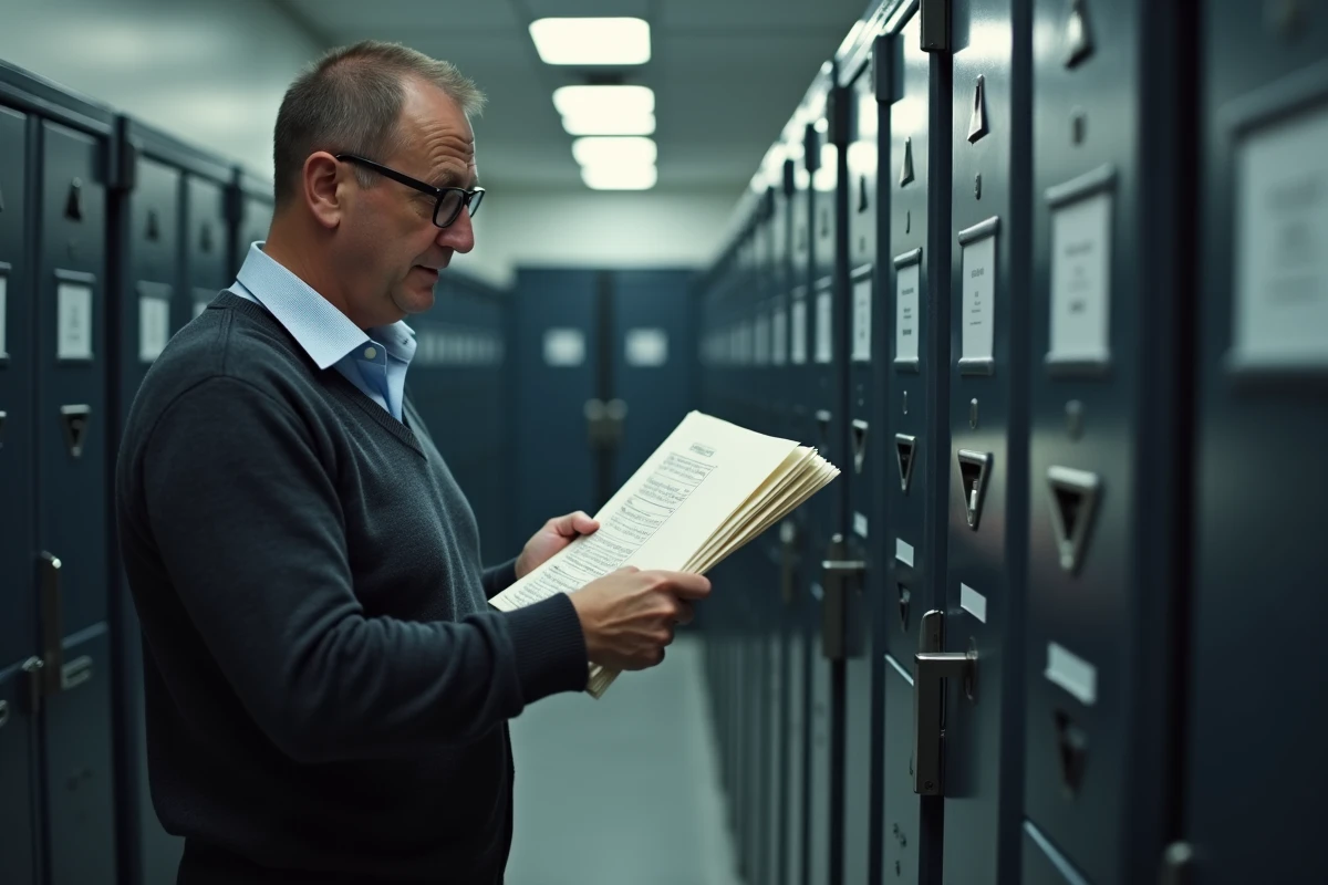 Homme rangeant des fiches de paie dans un coffre-fort sécurisé