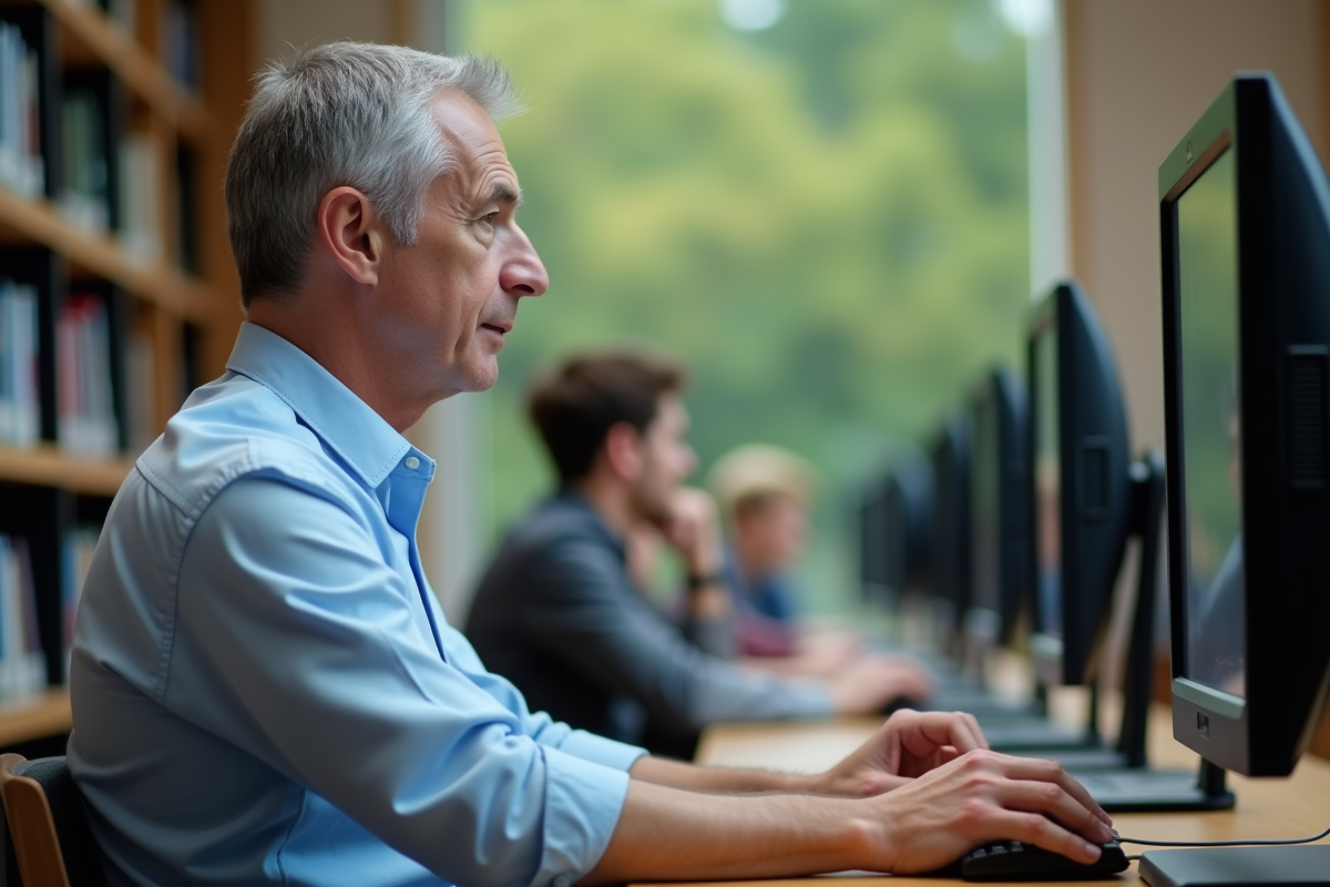 Homme lisant un courrier dans une bibliothèque calme