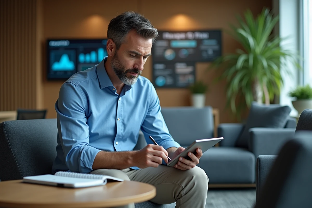 Homme d age moyen notant des flux RSS sur une tablette