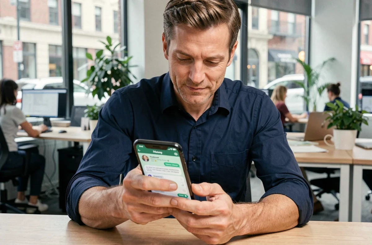 Homme en open space professionnel programmant un message WhatsApp sur son téléphone