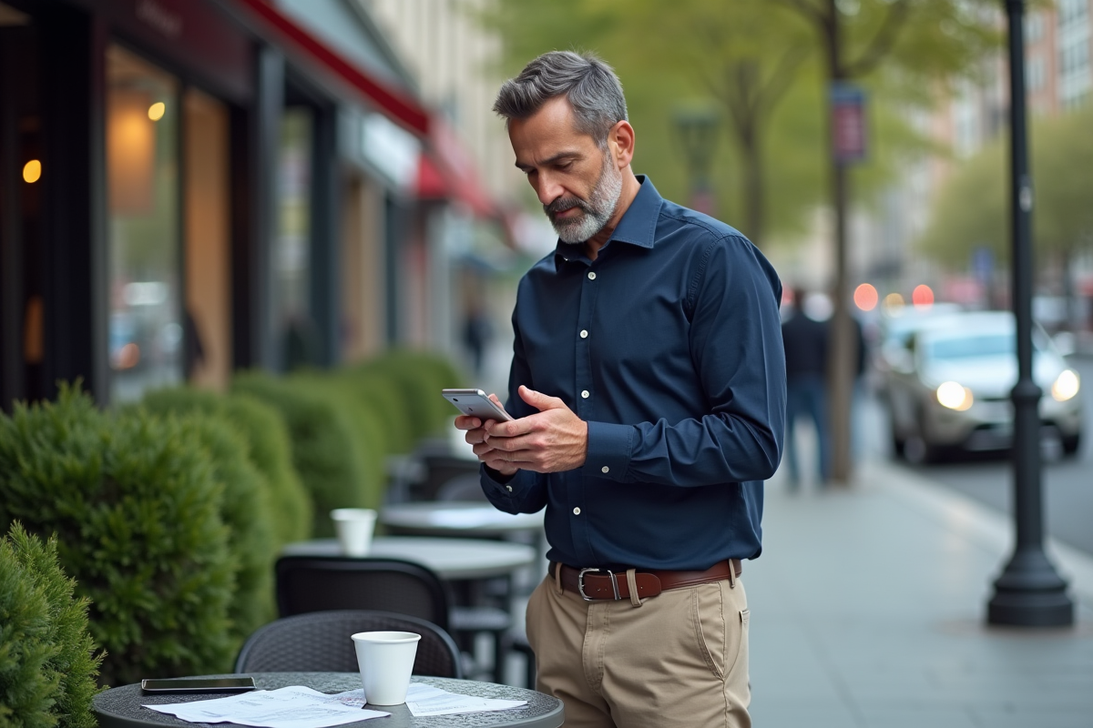 Homme utilisant son smartphone dans un café urbain
