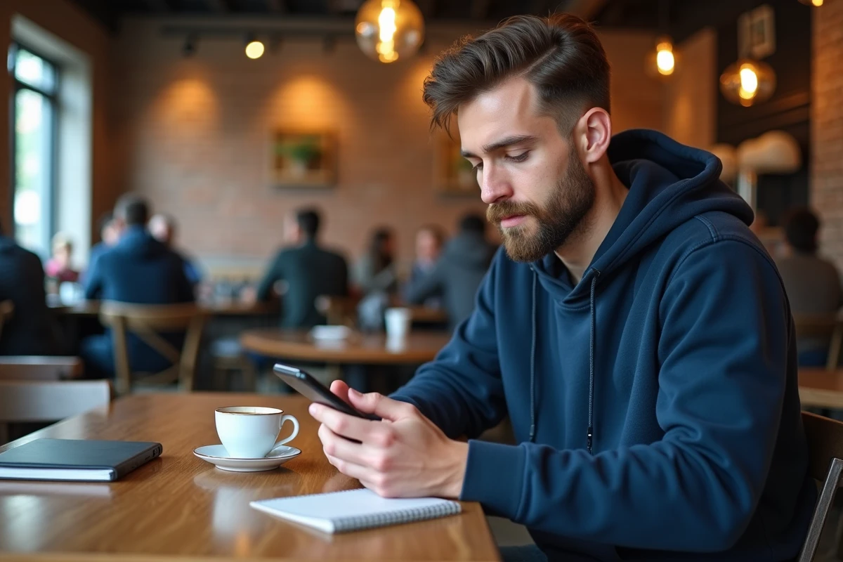 Homme comparant des offres de téléphones Android dans un café avec son smartphone