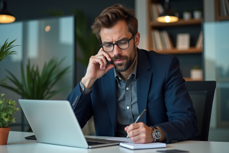 Homme d'affaires en costume dans un bureau moderne