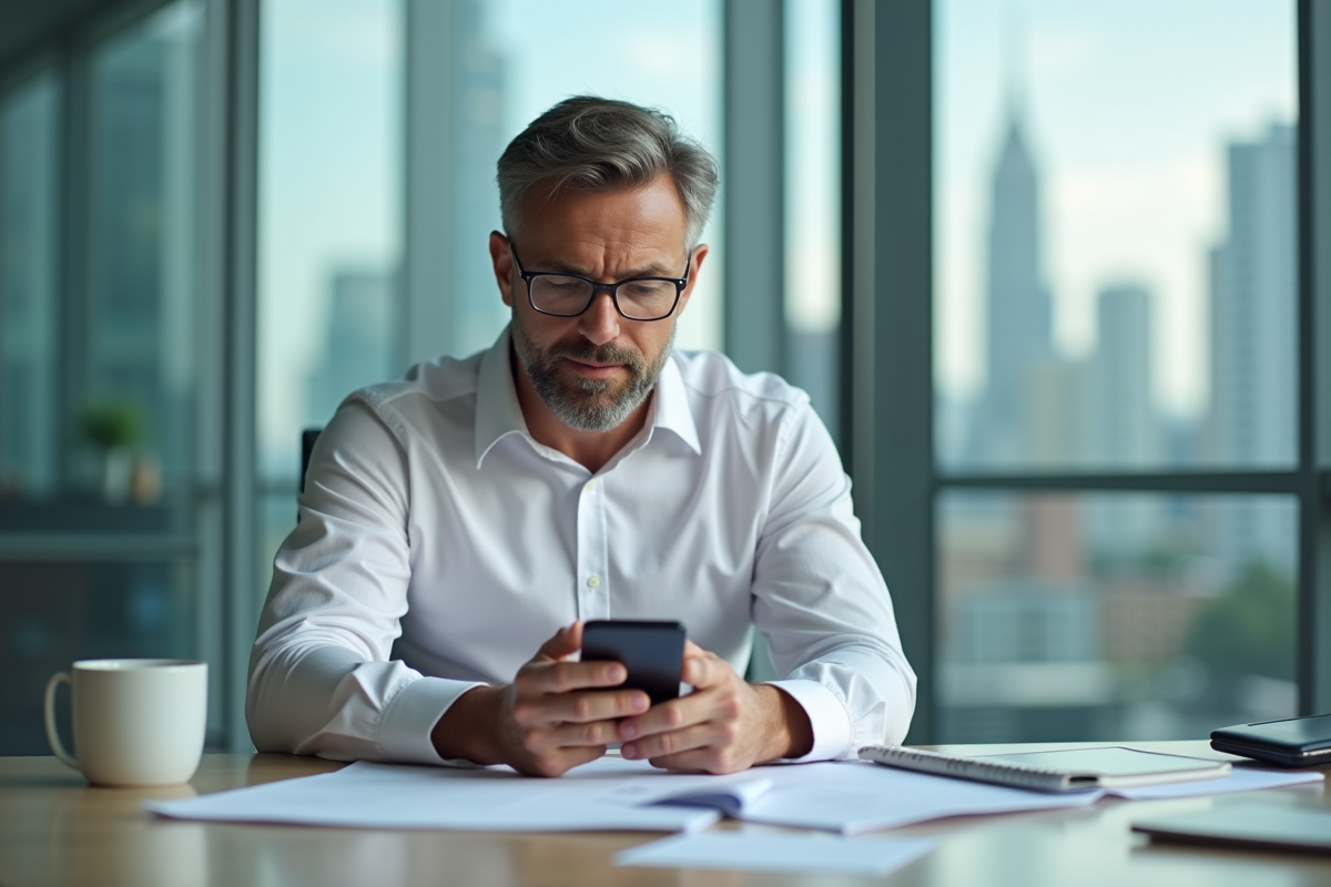 Homme dictant des notes avec smartphone dans un bureau moderne