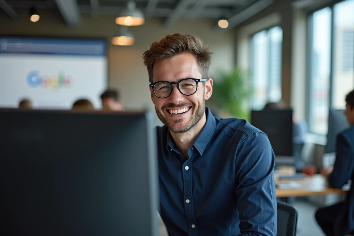 Homme souriant découvrant un easter egg Google sur son ordinateur dans un bureau moderne en open space