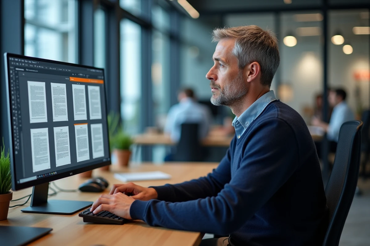 Homme supprimant des pages PDF sur un grand écran dans un bureau professionnel moderne