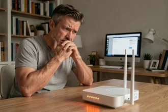 Homme frustré devant sa Freebox qui affiche une erreur d'association avec le serveur en boucle