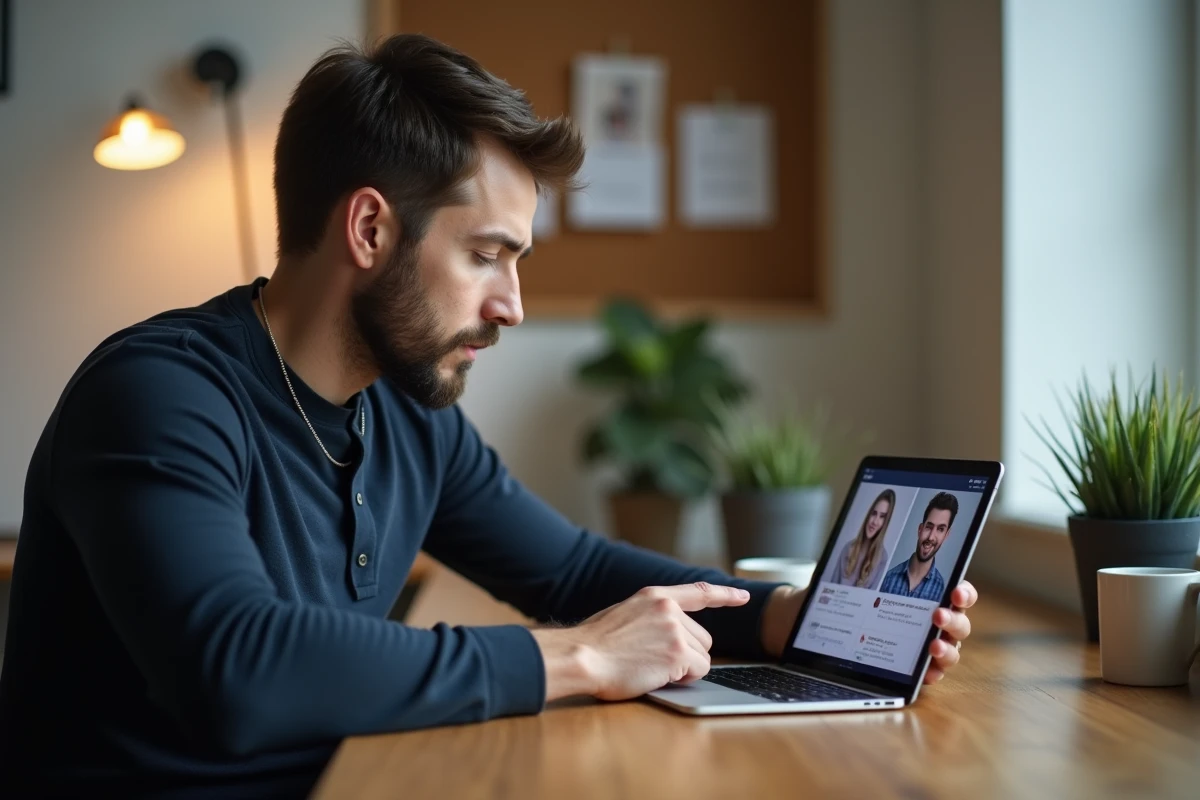 Homme gérant deux comptes Instagram sur une tablette dans un bureau à domicile minimaliste